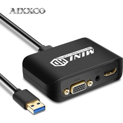 AIXXCO USB 3.0 To HDMI+VGA female Audio Video Adaptor Converter Cable usb3.0 to vga For Windows 7/8/10 PC