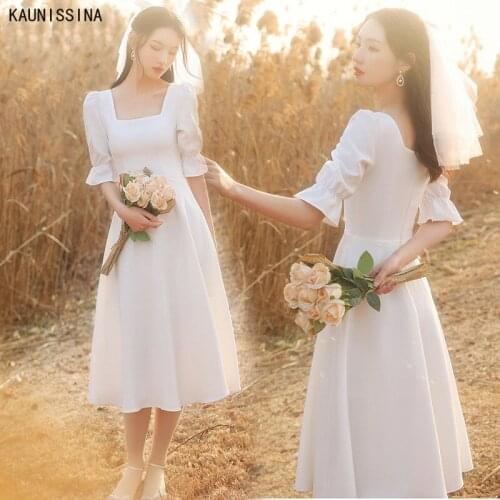 KAUNISSINA A Line Short Wedding Dress Short Sleeves Square Collar Elegant Simple White Bride Gowns Custom Made Robe de mariee