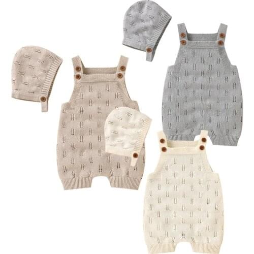 Korean Style Infant Baby Boys Girls Sleeveless Solid Color Hollow Out Knitting Jumpsuit+Hat Toddler Baby Girl Knitting Rompers