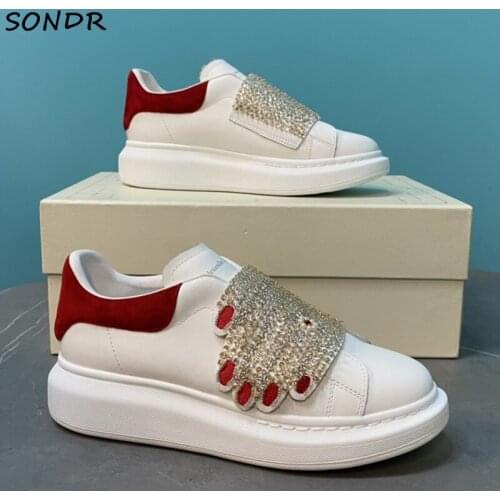 2021 Women Genuine Leather Crystal Sneakers Men Fashion Platform Thick Sole Womens White Sports Shoes Luxury Brand Casual Shoes