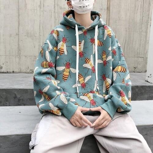 Autumn and winter tide brand lazy wind loose large size bee pattern full of Inca velvet hooded male couple jacket tide