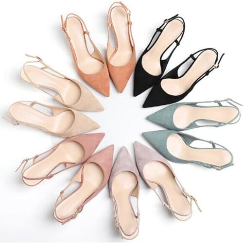 Back Strap Fashion Women Sandals Pointed Toe Sweet Buckle Strap Ladies Summer Shoes Flock High Heels Sandalies Females Casual