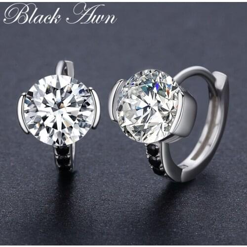 Classic 4.3g 925 Sterling Silver Round Black Trendy Spinel Engagement Hoop Earrings for Women Fine Jewelry Bijoux T201