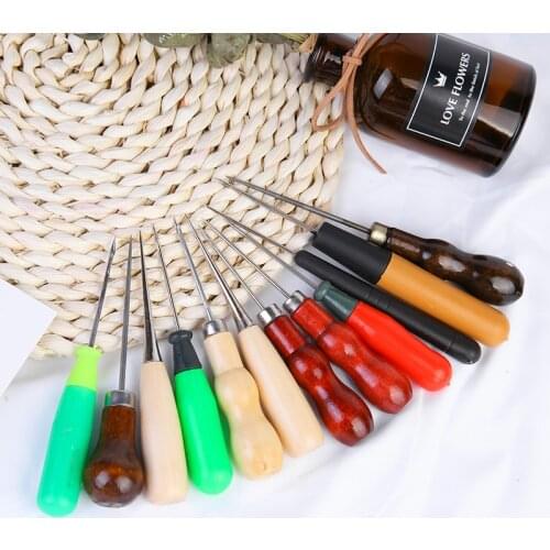 Wooden Handle Awl Manual Knitting Tool Straight Cone Curved Cone Needle Thousand Through Drill Tools Leather Craft