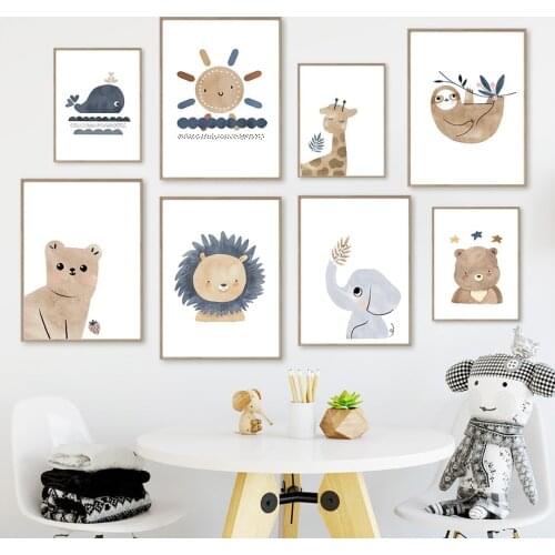 Nordic Posters And Prints Sun Rainbow Bear Elephant Giraffe Sloth Wall Art Canvas Painting CartoonPictures Kids Room Home Decor