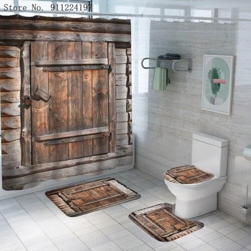Old Vintage Wood Doors Shower Curtain Waterproof Fabric Bathroom Curtain Set With Non Slip Rug Toilet Cover Bath Mat Home Decor