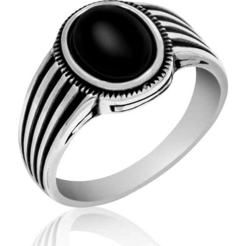 Tevuli 925 Sterling Silver Black Stone Striped Men 'S Ring
