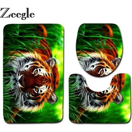 Zeegle 3 Pcs/Set Tiger Pattern Anti-silp Toilet Bath Mats Flannel Contour Toilet Rug Lid Toilet Cover Carpet Bathroom Products