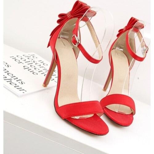 2021 Summer New Bag with Bow Knot Round Head Side Air Solid Color Shallow Mouth Stiletto High Heel Sandals Women Fashion Shoes