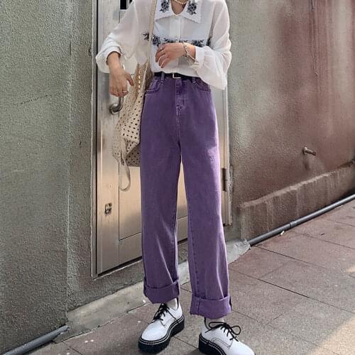 High Waist Purple Jeans Harajuku Korean Ulzzang Denim Pants Women Wild Daily Casual Girls Loose Trouser Streetwear