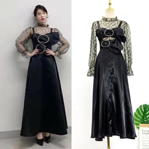 Kpop IU Lee Ji Eun Party Sexy Stand Collar Perspective Long Sleeved Shirt Tops+Black Sling High Waist Dress Two Piece Set Women