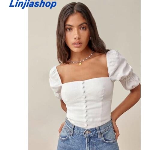 Square Collar White Tunic Women Top Female Camis Elegant Summer Sexy Puff Sleeve Summer Tops Ladies chic Office Crop Top