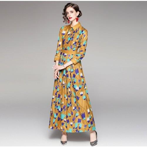Autumn Bohemian Designer Overlays Flower Long Dress Women Long Sleeve Shirt Collar Floral Printed Boho Dress Robe Femme k9804