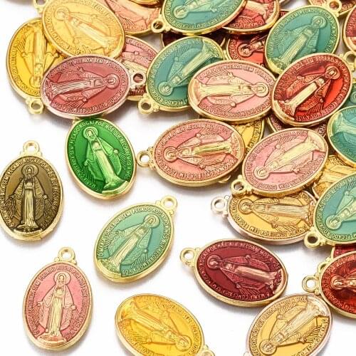 10pcs Brass Enamel Pendants Mixed Color Oval with Saint Charms for Jewelry Making DIY Accessories Vintage Necklace Pendant