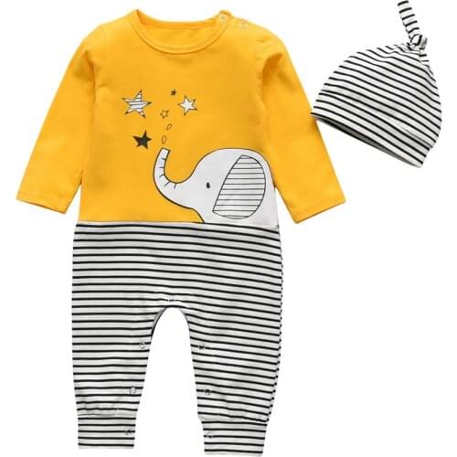 2Pcs Newborn Baby Boys Clothes Outfits Set Infant Toddler Clothing Cotton Long Sleeve Cartoon Print Jumpsuit and Hat