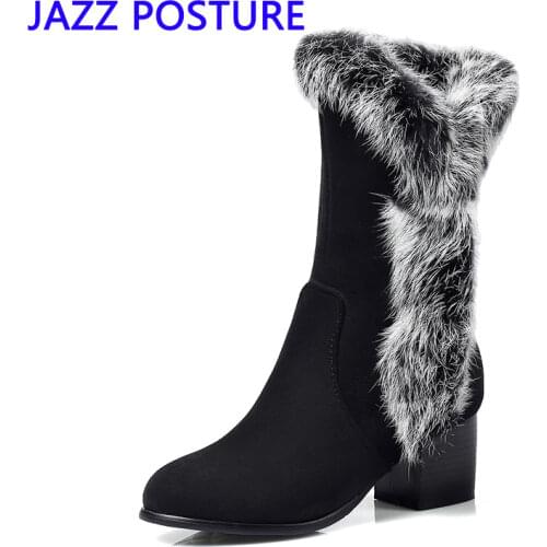 2020Winter Plus velvet genuine rabbit hair comfortable thick mid-heeled warm wool boots women boots short boots Q299