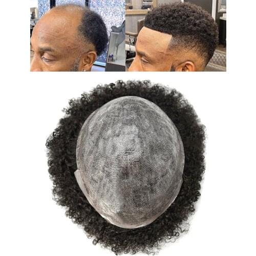 Afro Kinky Curl Mens Toupee Hairpieces Full Poly Thin Skin African American Black Men Wig Unit Afro Wave Replacement System