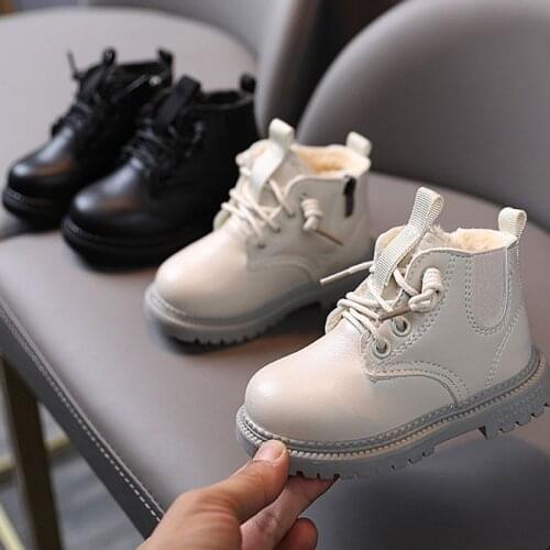 Size 21-30 Children Casual Leather Plus Fleece Martin Boots Boys Girls Kids Waterproof Thickened Winter Warm Cotton Snow Boots