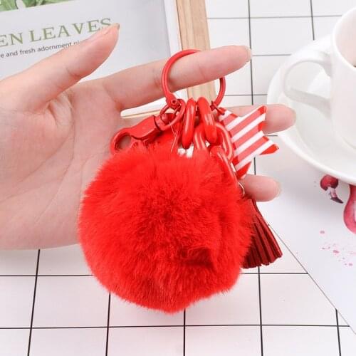 Cute Fluffy Keychain Women Girl Faux Rabbit Fur Pompom Round Ball Key Ring Star Car Key Holder Chain Tassel Bag Charms Trinket