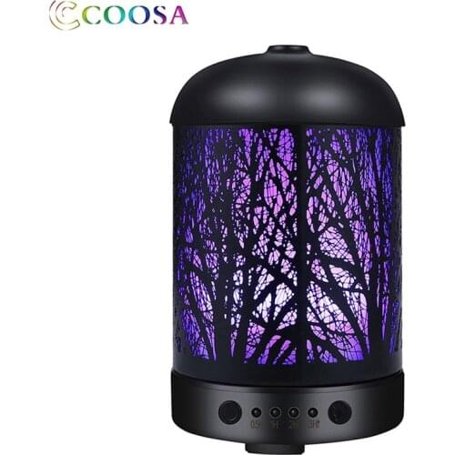 COOSA Forest Type Ultrasonic Air Humidifier 100ml Metal Aroma Essential Oil Diffuser 7 Color LED Lights for Home Bedrooom Gift