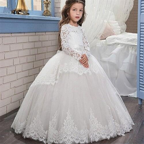 Flower Girl Dresses With Bow Beaded Crystal Lace Up Applique Long sleeve Ball Gown First Communion Dress for Girls Customized