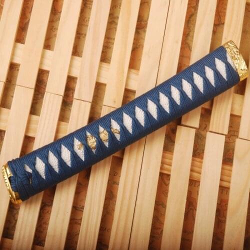 Classic Nice Japanese Sword Katana Handle Tsuka with Blue Silk Ito & Imitated White Rayskin & Alloy Fuchi Kashira Fitting H37