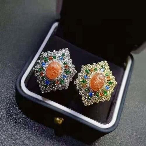 Natural Golden Sun Stone/Topaz Luxurious Ring S925 Pure Silver Fine Fashion Wedding Charming Jewelry for Women MeiBaPJFS