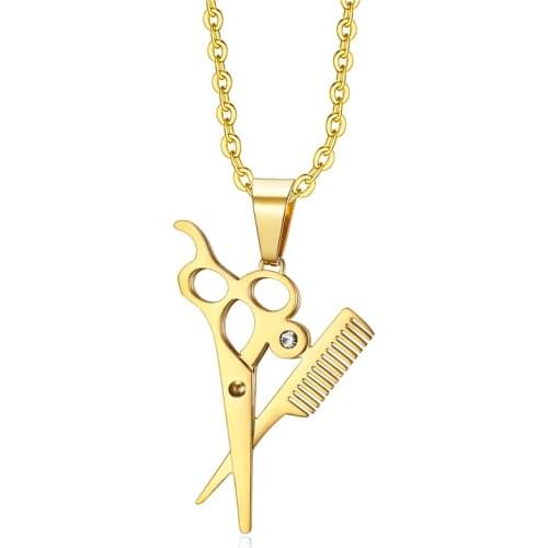 Creative Hairdresser Scissors Comb Pendant Necklace Stainless Steel Mens Gold Black Necklace Jewelry Fashion Party Accessories