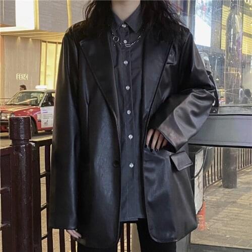 Womens Korean Pu Leather England Jackets Vintage Warm Female Loose Long Sleeve Blazers Fashion Streetwear Coats
