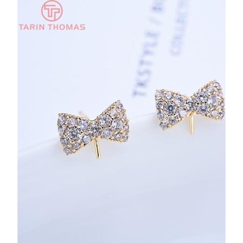 4PCS 8x10MM 24K Gold Color Brass with Zircon surround Bow Stud Earrings High Quality Diy Jewelry Findings Accessories