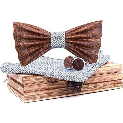 Linbaiway Wooden Bow Ties Pocket Towel Sets Mens Handkerchief Bowtie Cufflinks Ties Business handmde Wood bowties gravatas Tie
