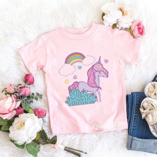 Lovely Rainbow Unicorn Animal Print Pink Girl T-Shirt Summer Childrens Clothes Cute Short Sleeve T Shirt Toddler Kids Teen Tops