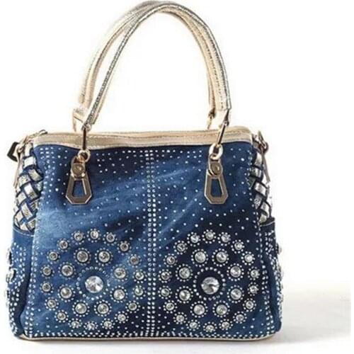 Trendy Large Capacity Tote Denim Rhinestone Purse Women Designer Diamond Bags Elegant Female Braided Handbag