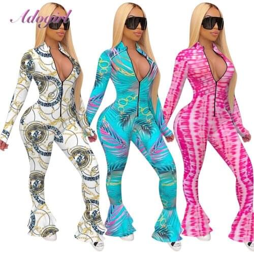 Active Wear Women Casual Tie Dye Chain Print Zipper Up Bodycon Moto Biker Flare Jumpsuit Streetwear One Piece Romper Overalls