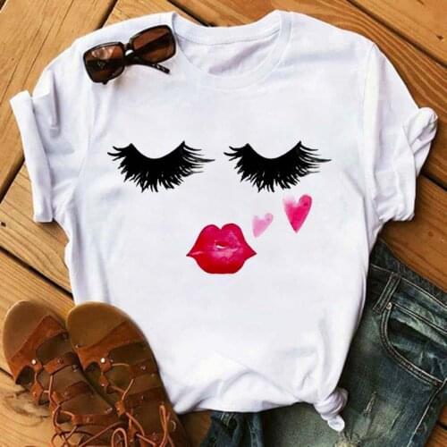 New Fashion Eyelash and Lips Women T-shirt Cartoon Graphic Printed T Shirt Fashion Short Sleeve Woman Shirts Kawaii Female Tops