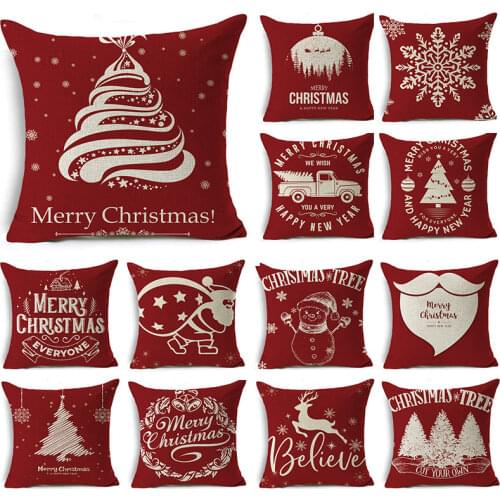 New 2021 Christmas red cartoon linen print pillowcase Christmas gift living room sofa bedroom car seat cushion cover 18*18 inch