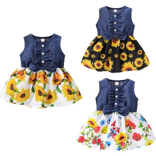 FOCUSNORM 3 Style Lovely Baby Girls Summer Dress Sunflowers Printed Sleeveless Bowknot A-Line Mini Dress 1-4Y