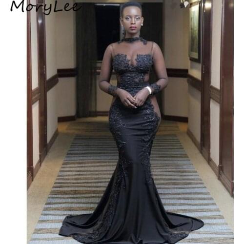 Prom Dresses Mermaid Long Sleeves Sweep Train Silk Satin Lace Crystal Prom Dresses With Zipper Back vestidos de fiesta de noche