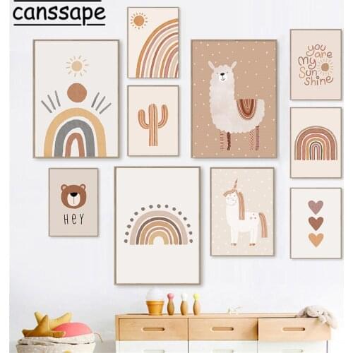 Nursery Canvas Poster Sun Rainbow Art Prints Unicorn Bear Paintings Alpaca Posters Boho Wall Pictures Baby Kids Room Home Decor