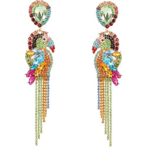 Rainbow Oval Crystal Pave Parrot Bird Dangle Drop Earrings Fringed Long Tail Tassel