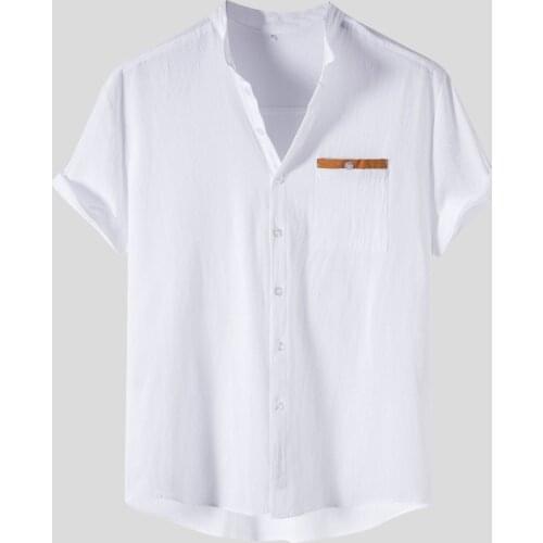 Plus Size Mens Shirts Casual Daily Solid Short Sleeve Button Pocket Stand Collar Shirt Vintage Cotton Shirt Camisas De Hombre