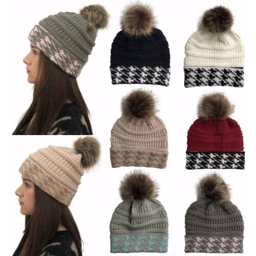 HanXi Faux Fur Pom poms Beanie Women Winter Hats Houndstooth Crochet Knitted Ski Cap Skullies Beanies Warm Caps for Ladies