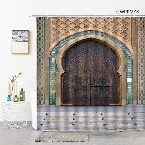 Moroccan Bronze Gate Shower Curtains Retro Ornate Color Pattern Door Bathroom Decor Curtain Home Background Wall Hanging Cloth