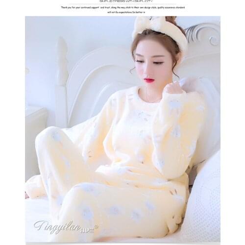 Female Pajamas Adult Winter Sleepsuit Home Furnishing Flannel Long Sleeved Lady Coral Fleece Winter Cartoon Sleepwear B-5944