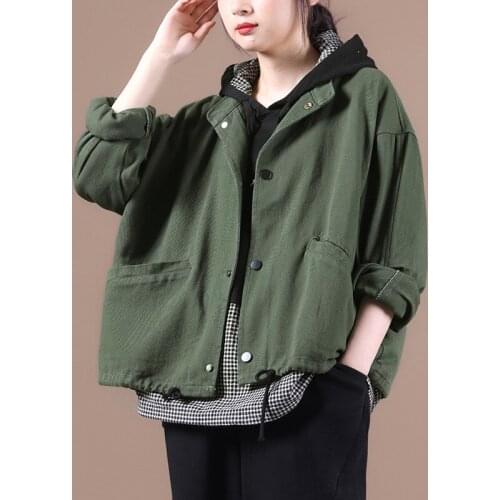 Single-breasted Twill Cotton Denim Jacket Dark Green 2020 Autumn Womens Korean Style Loose Large Stand Collar Hem Drawstring