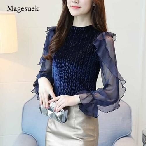 2020 Spring New Office Lady Womens Blouse O-Neck Shirt Fashion Long Mesh Sleeves Ladies Shirt Pullover Chiffon Clothing D282