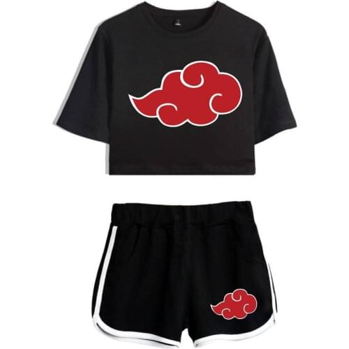 Women New Japanese Anime Fashion Lucky Cloud Print Sexy Casual Bare Midriff Crop Top Short T-Suit