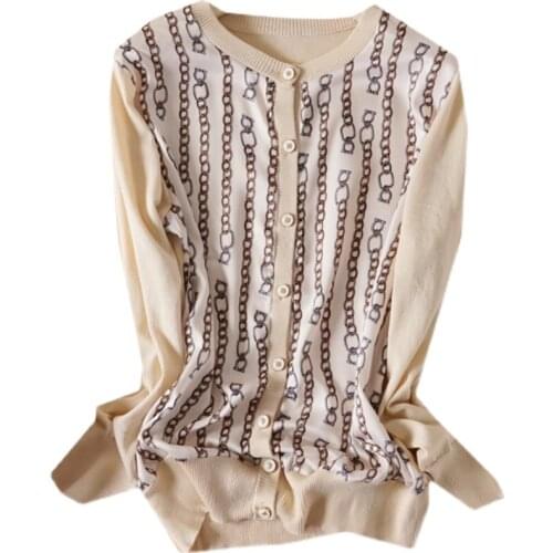 Women spring autumn fashion Oneck knit cardigans sweaters single breasted satin silk print front patchwork M/L