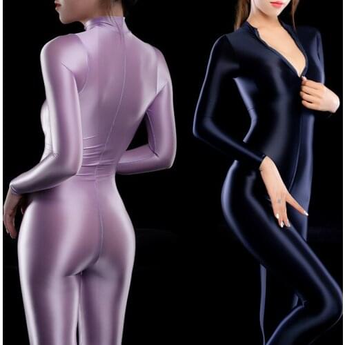 Womens Sexy Lingerie Bodystocking Long Sleeves Smooth Fiber Double Zipper Sheer Smooth See Through Open Crotch Bodysuit Jumpsuit