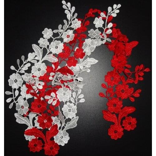 2pairs red and off white Small Flower wedding lace applique 34*10cm BJ0088